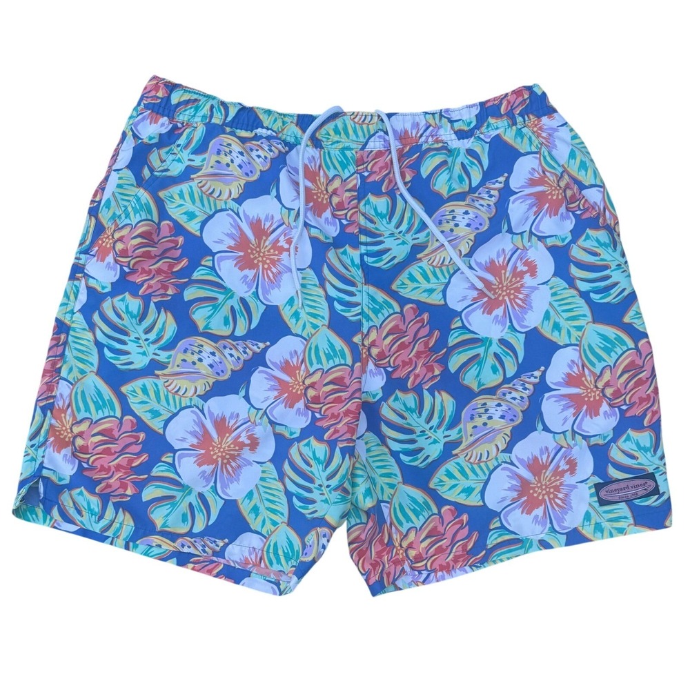 Vineyard Vines Mens Blue Tropical Floral Seashell Chappy Swim Trunks Size M‎